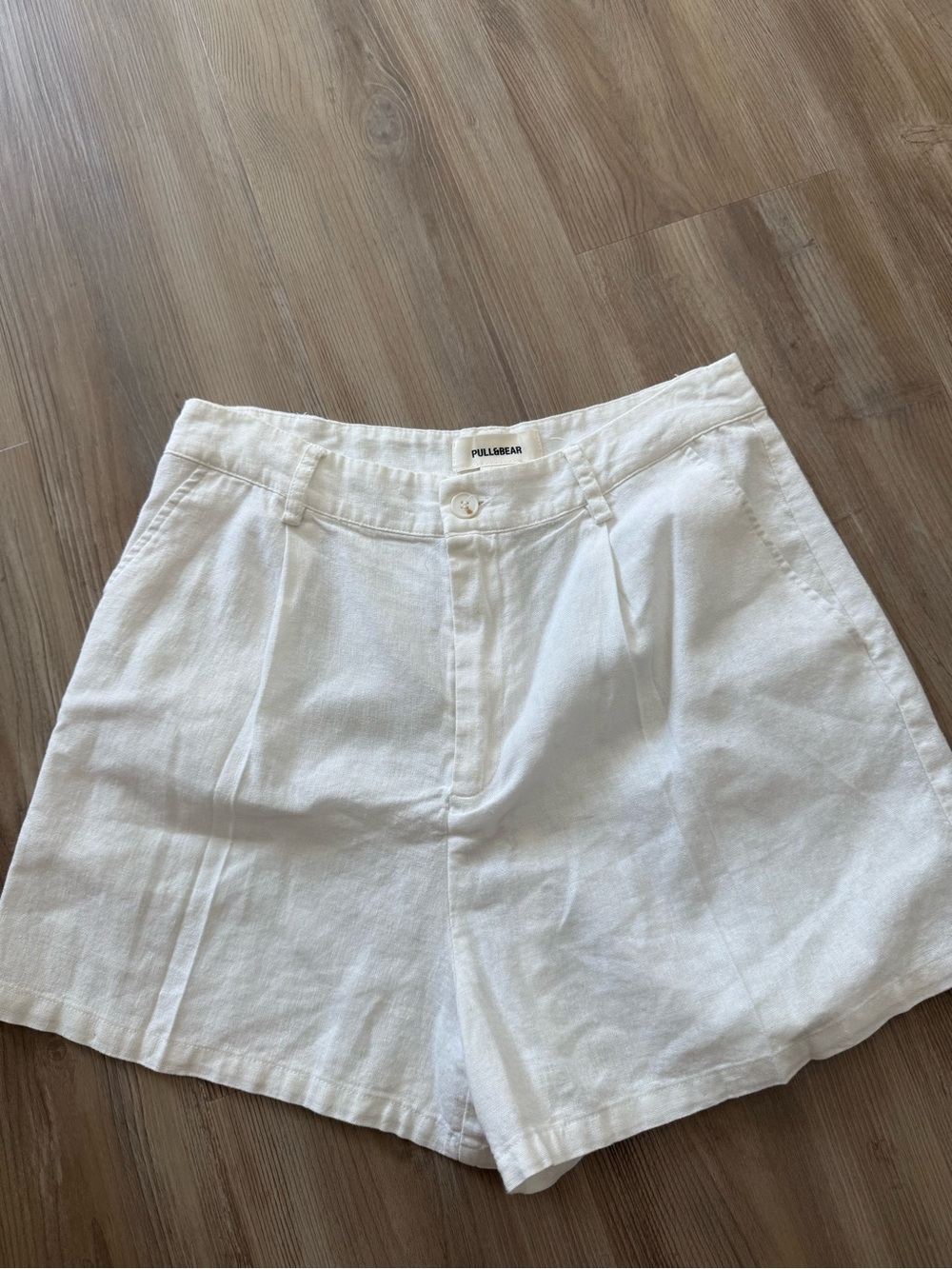 Pull&Bear High-Waist White Linen-Blend Women's Shorts